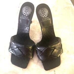 Vince Camuto Brelanie Black Woven Mules Heels Square Toe Slip On Slides Sz 7.5M